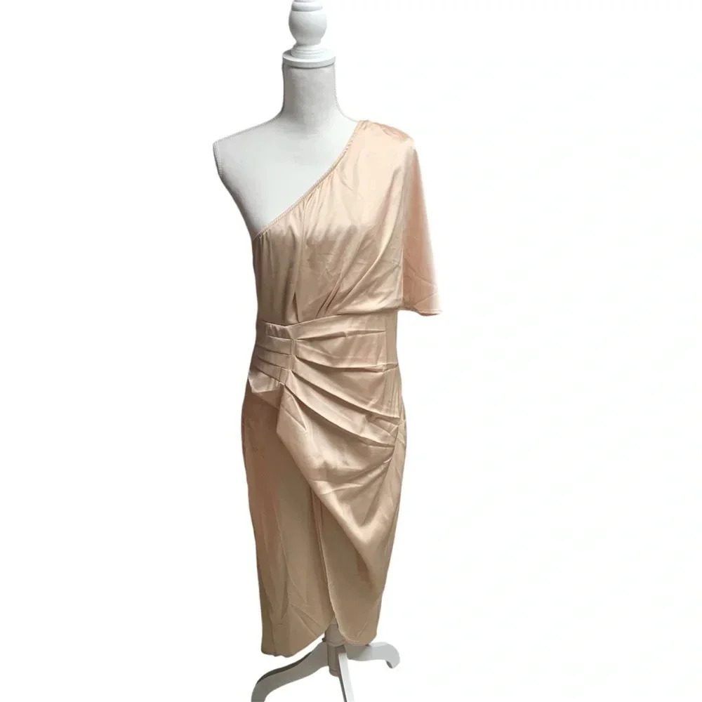 One shoulder NWT champagne colored dress size large no brand hidden side zipper